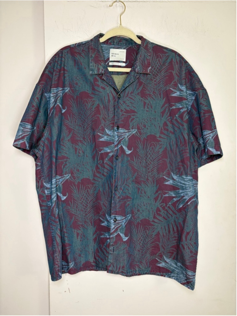 Zara Man Tropical Leaf Relaxed Fit Button Down Shirt Burgundy Teal Blue XL